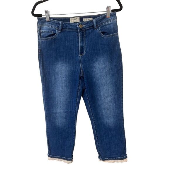 LOGO Lori Goldstein Womens Lace Trim Straight Capri Jeans Blue Medium Wash Sz 10 - Picture 1 of 11